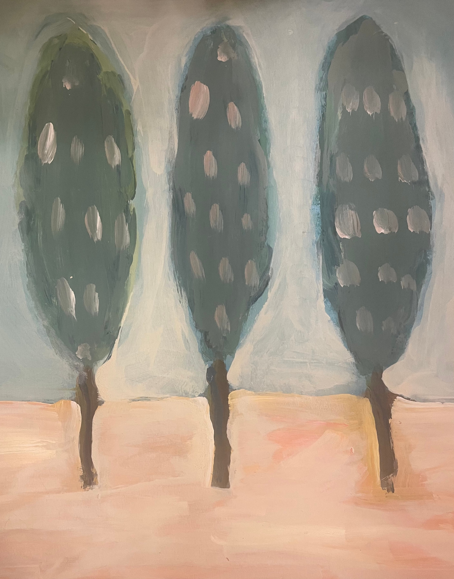 Acrylic painting of three stylized trees against a soft blue and blush background