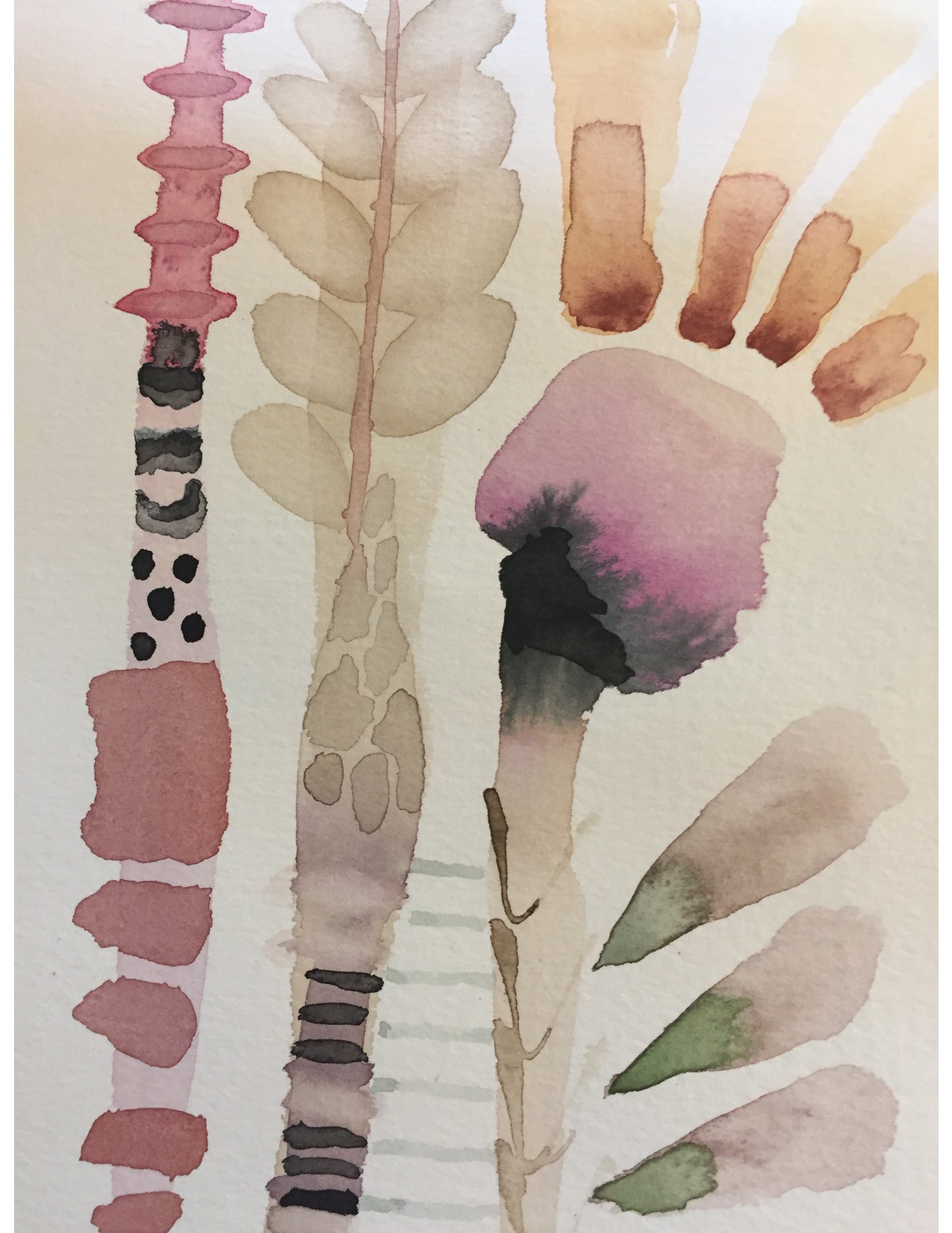 Abstract botanical watercolor study in soft earth tones