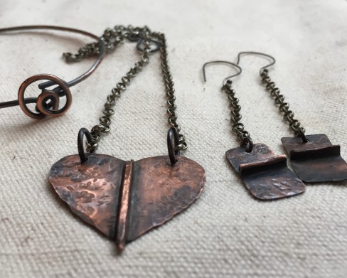 Hammered copper heart necklace and matching earrings
