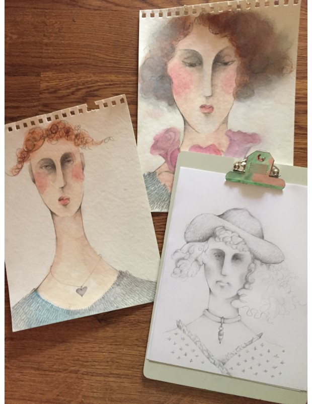 Watercolor and graphite portrait sketches